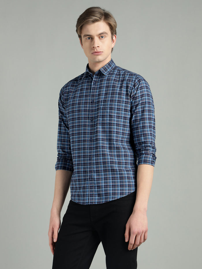 Men's Navy Blue Checkered Cotton Casual Shirt