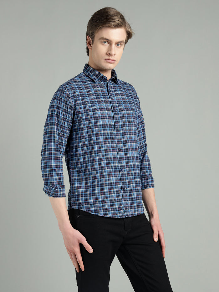 Men's Navy Blue Checkered Cotton Casual Shirt