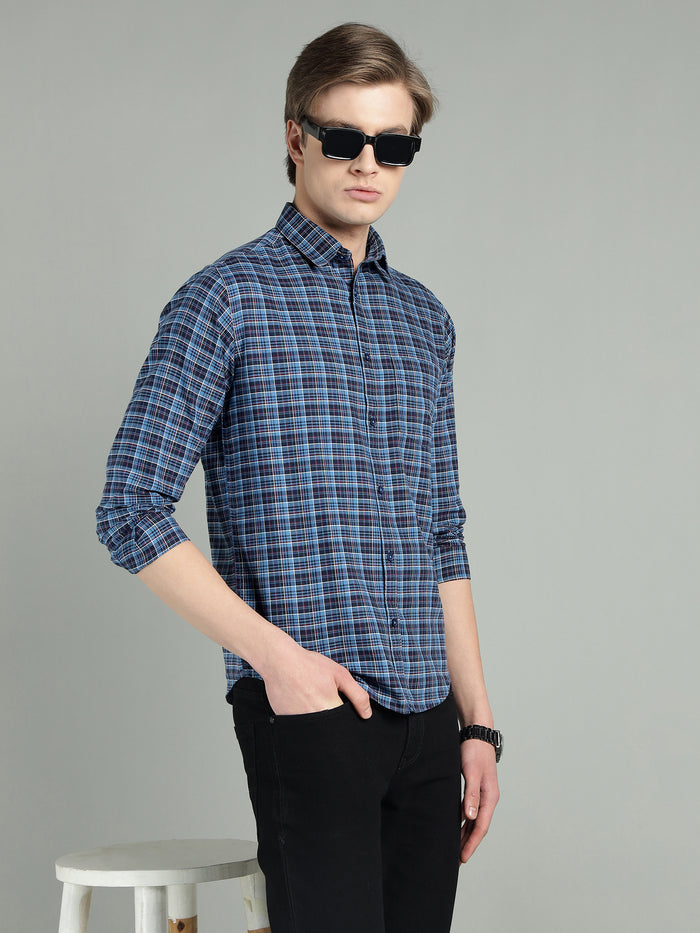 Men's Navy Blue Checkered Cotton Casual Shirt