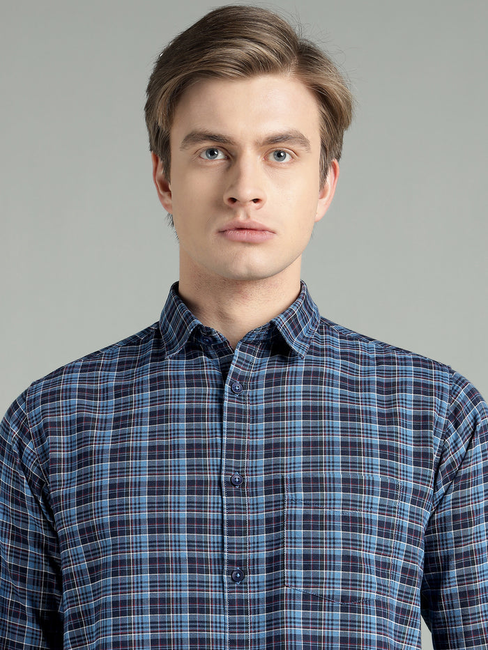 Men's Navy Blue Checkered Cotton Casual Shirt