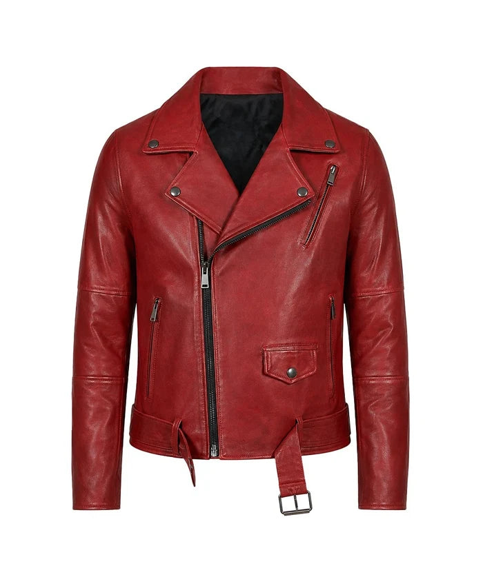 A red leather biker jacket with an asymmetrical zipper, zippered pockets, and a belted hem, shown on a plain white background.
