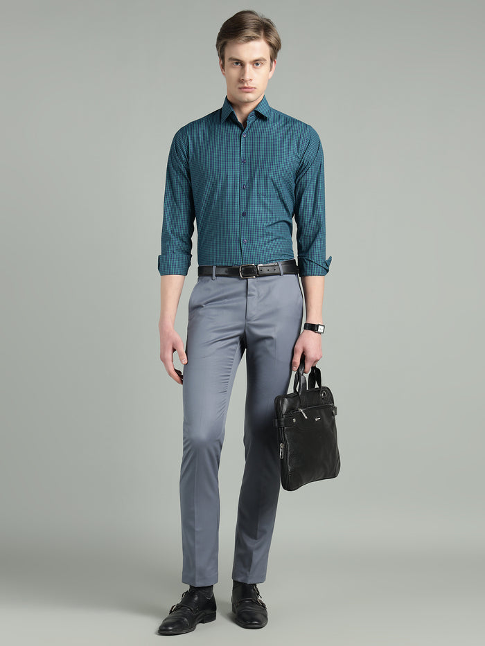 Men's Teal Blue Check Slim Fit Formal Shirt