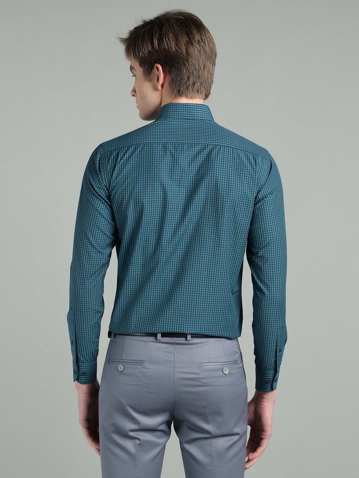 Men's Teal Blue Check Slim Fit Formal Shirt