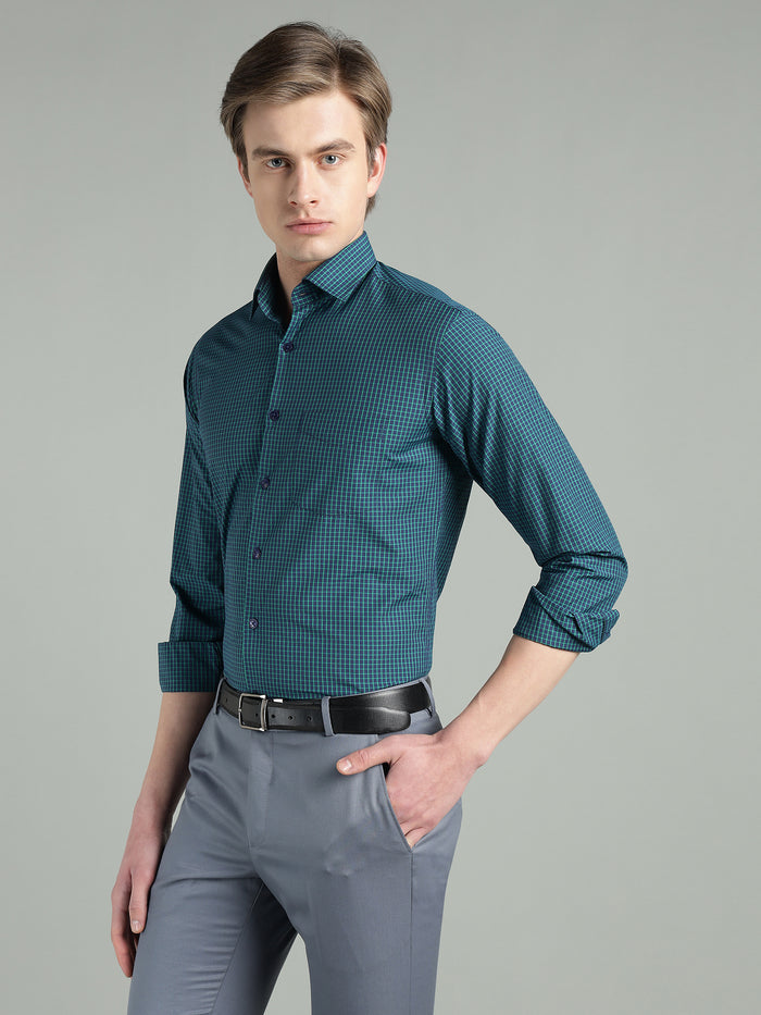 Men's Teal Blue Check Slim Fit Formal Shirt