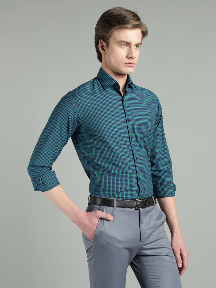 Men's Teal Blue Check Slim Fit Formal Shirt