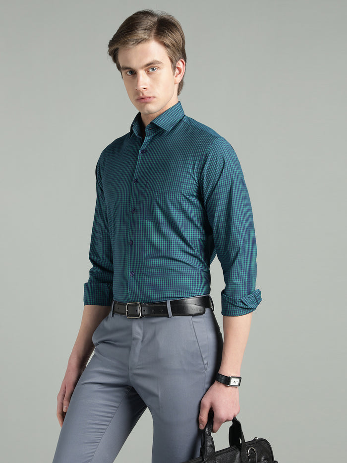 Men's Teal Blue Check Slim Fit Formal Shirt