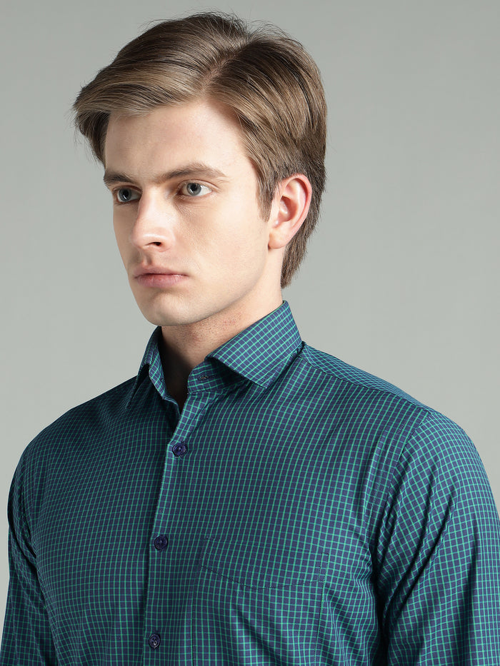 Men's Teal Blue Check Slim Fit Formal Shirt