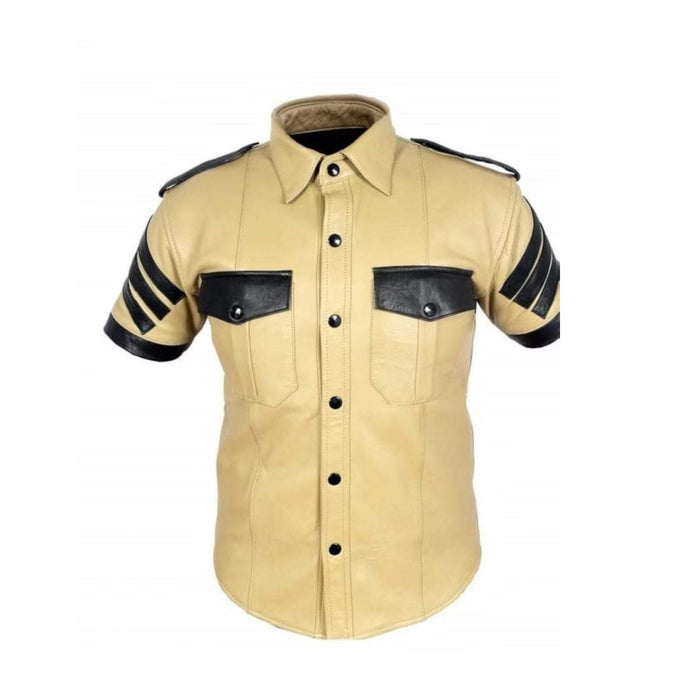 Men's Unique Style Real Leather Shirt | Beige & Black Lambskin