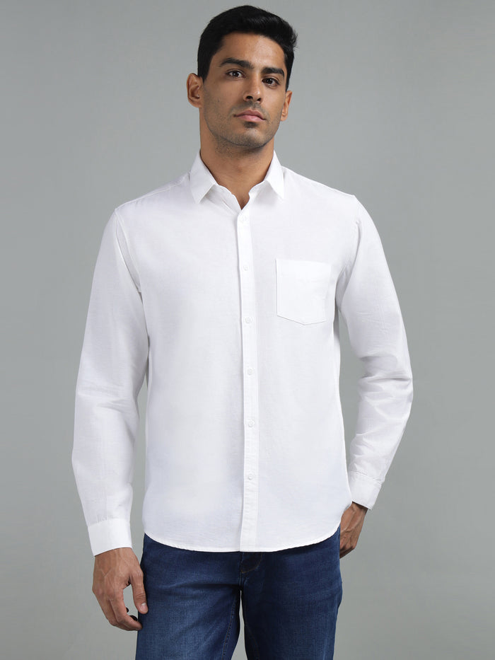 Men's White Cotton Linen Casual Shirt Full Sleeve Regular Fit by Richlook