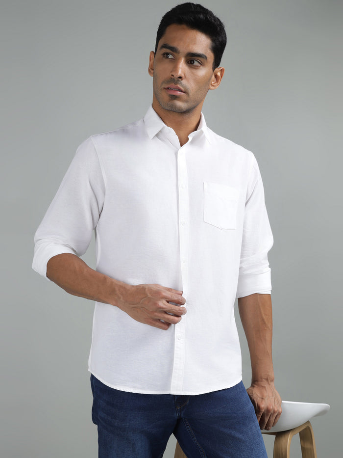 Men's White Linen Blend Casual Shirt Full Sleeve