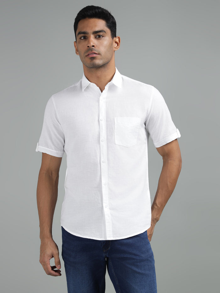 Men's White Cotton Linen Shirt Half Sleeve