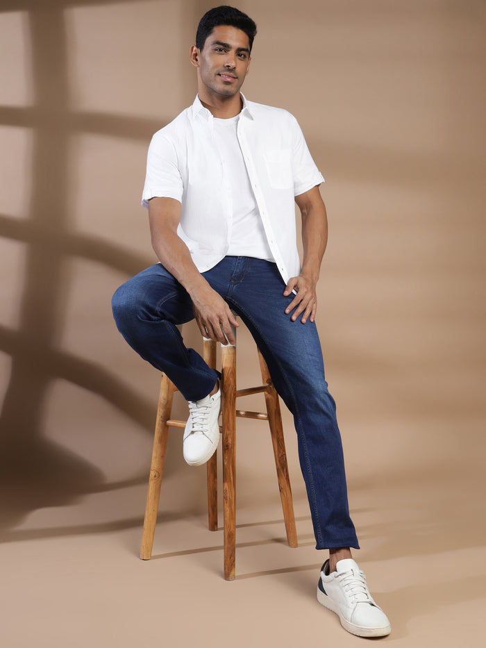 Men's White Cotton Linen Shirt Half Sleeve