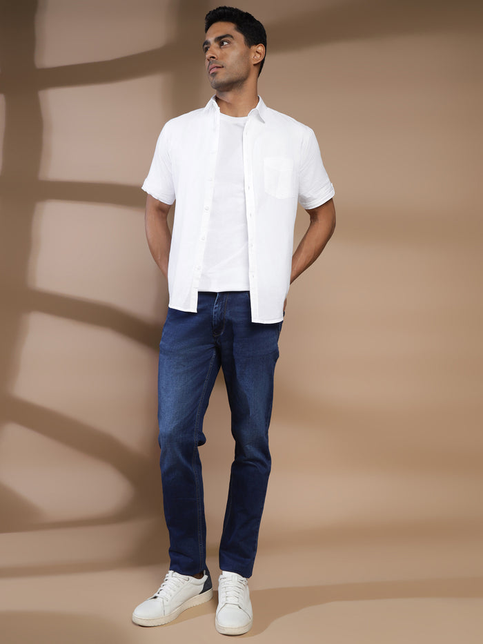 Men's White Cotton Linen Shirt Half Sleeve