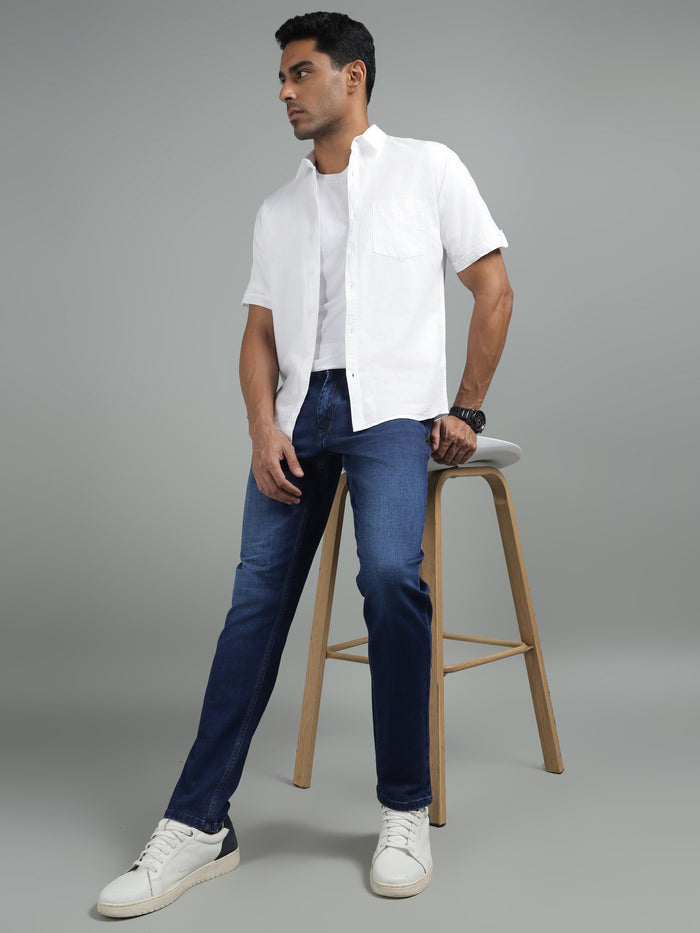 Men's White Cotton Linen Shirt Half Sleeve