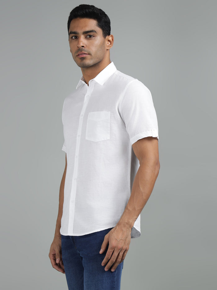 Men's White Cotton Linen Shirt Half Sleeve
