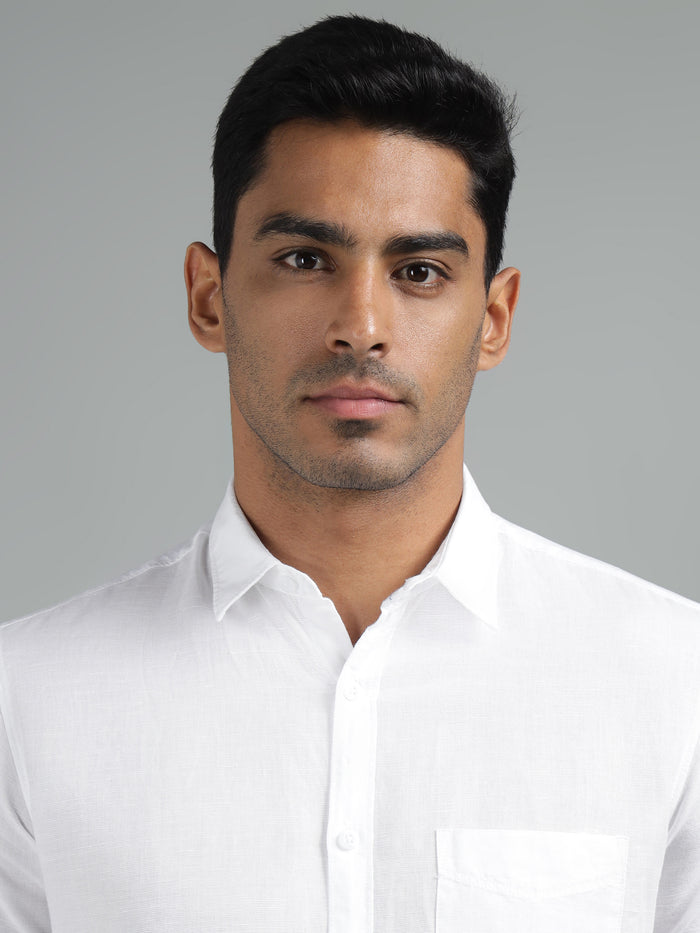 Men's White Cotton Linen Shirt Half Sleeve