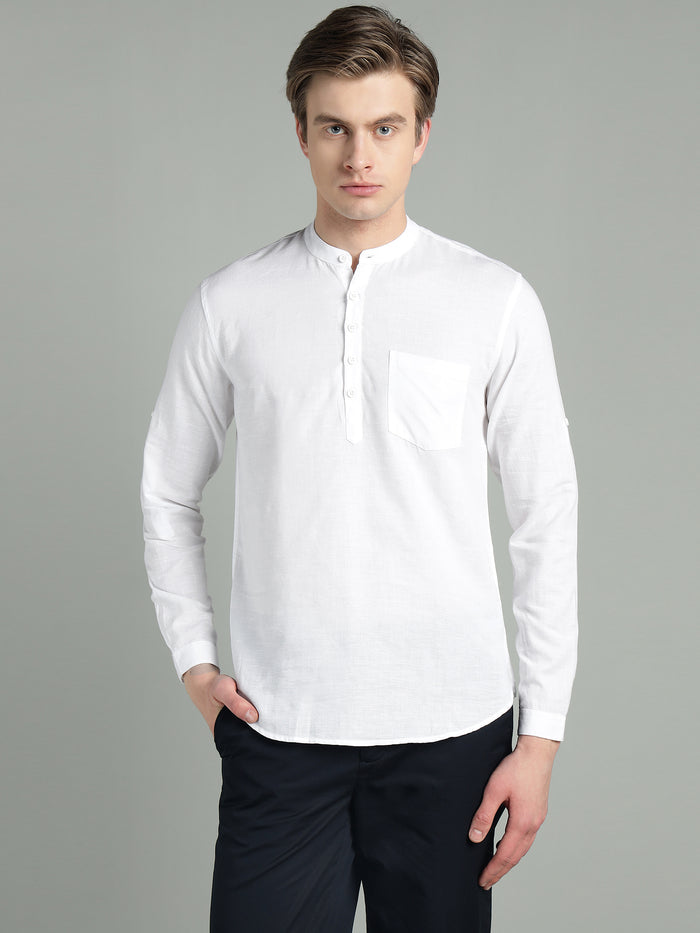 Men's White Mandarin Collar Linen Cotton Kurta Shirt Regular Fit by Richlook