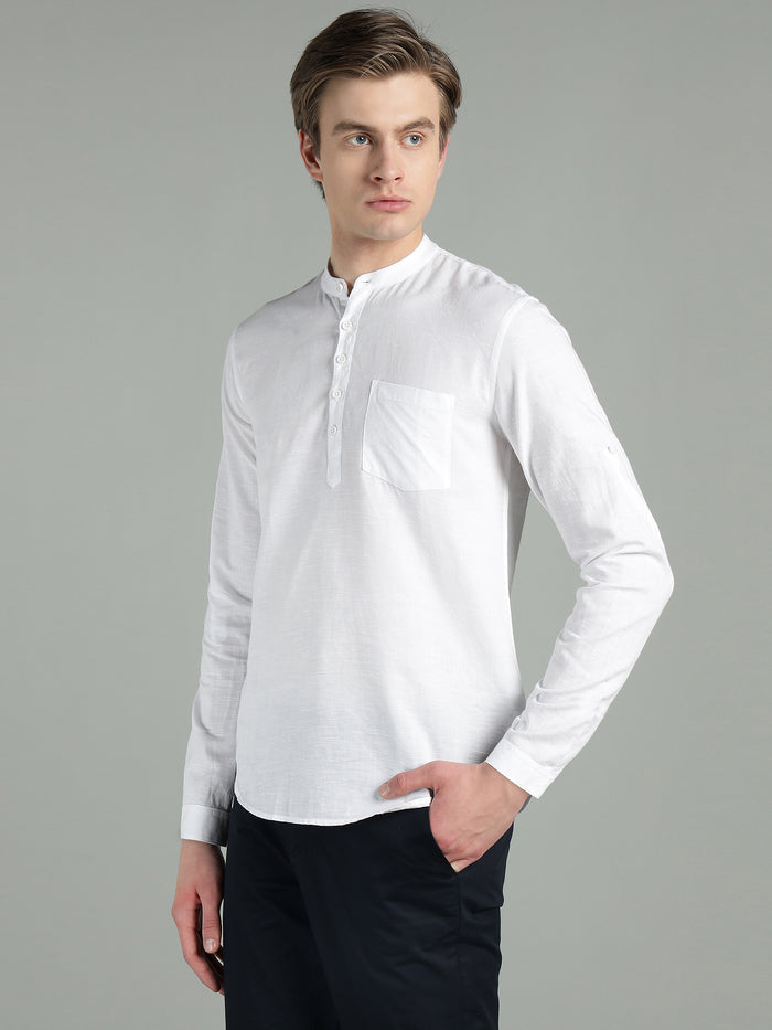 Breathable White Mandarin Collar Casual Ethnic Shirt for Men