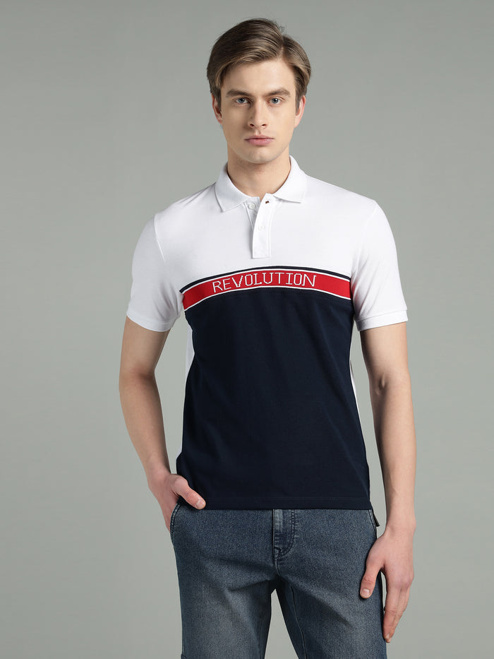 Men's White & Navy Blue Cotton Polo T-Shirt