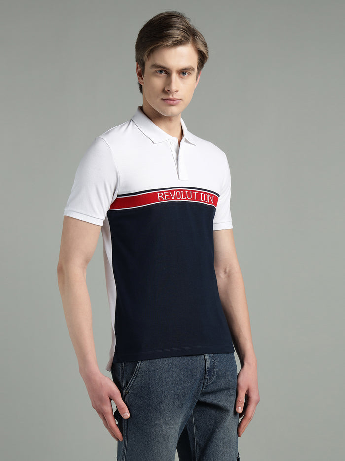 Men's White & Navy Blue Cotton Polo T-Shirt