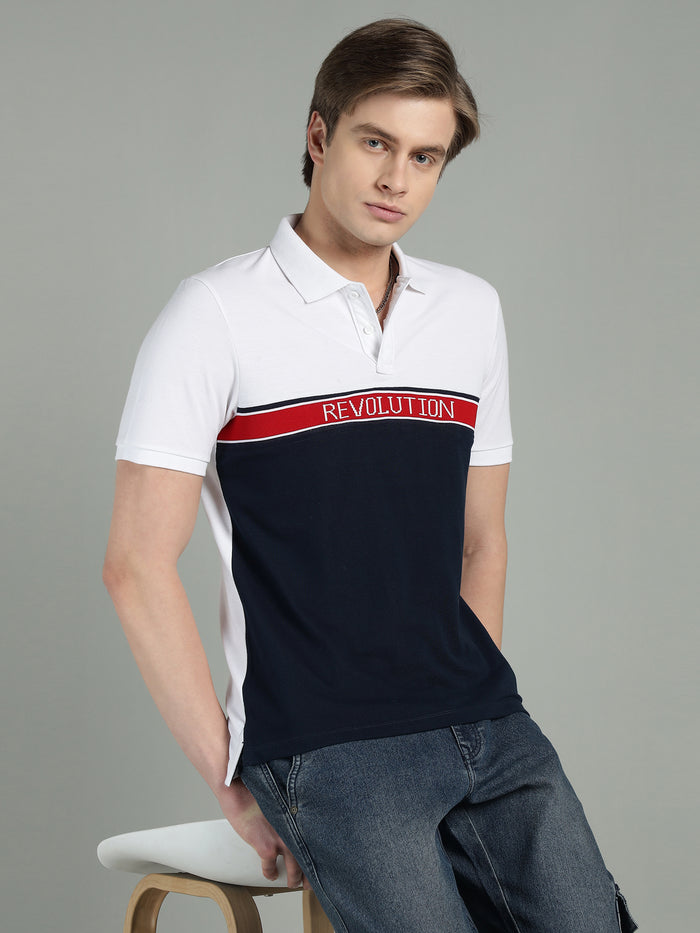 Men's White & Navy Blue Cotton Polo T-Shirt