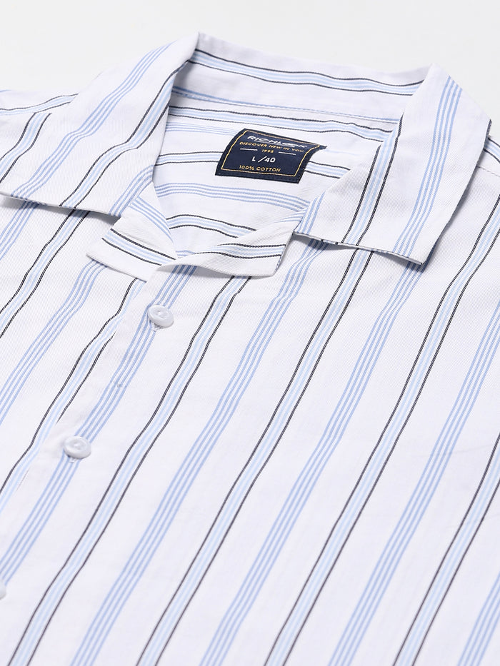 Men's White Stripe Cuban Collar Half Sleeve Shirt