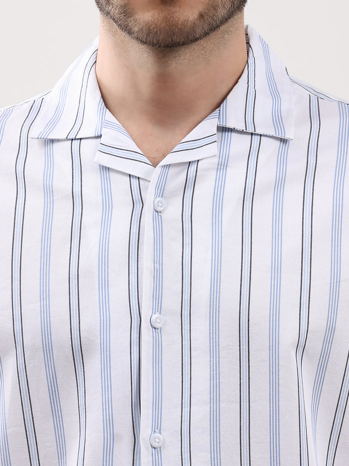 Men's White Stripe Cuban Collar Half Sleeve Shirt