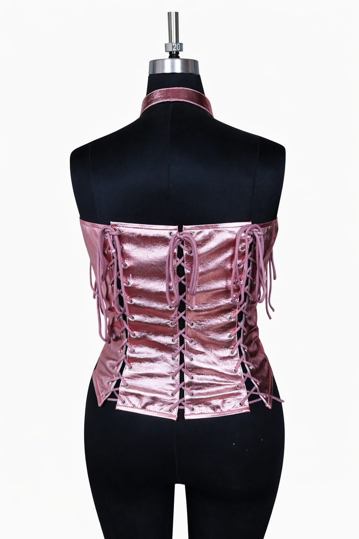 Metallic Pink Genuine Lambskin Leather Corset Top