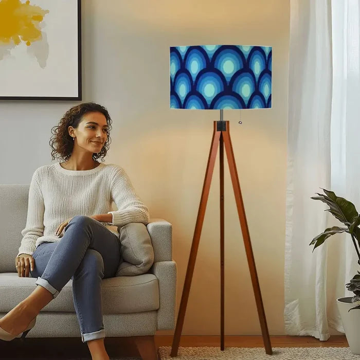 Mid-Century Modern 70s Wooden Tripod Floor Lamp: Retro Peacock Pattern - retro floor lamps