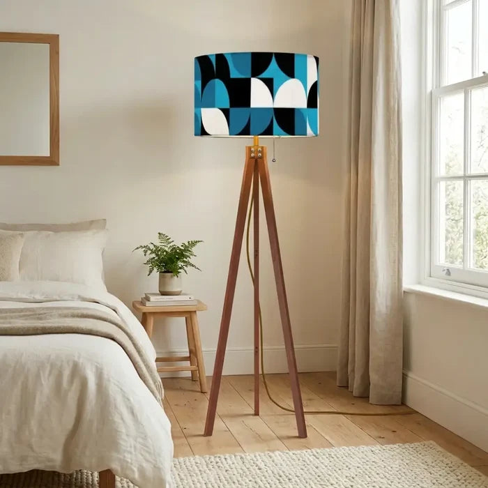 Mid-Century Modern Tripod Floor Lamp: Blue Geometric with LED Remote - retro floor lamps
