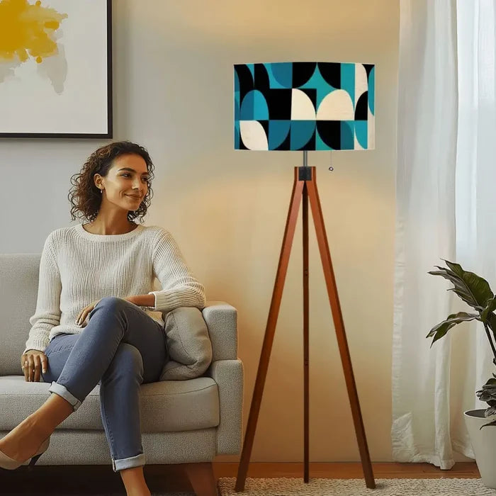 Mid-Century Modern Tripod Floor Lamp: Blue Geometric with LED Remote - retro floor lamps