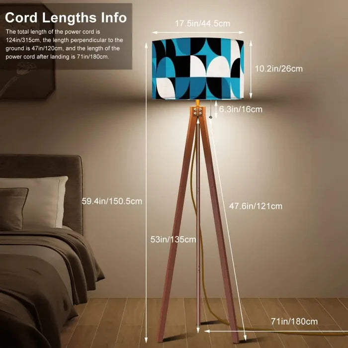Mid-Century Modern Tripod Floor Lamp: Blue Geometric with LED Remote - retro floor lamps
