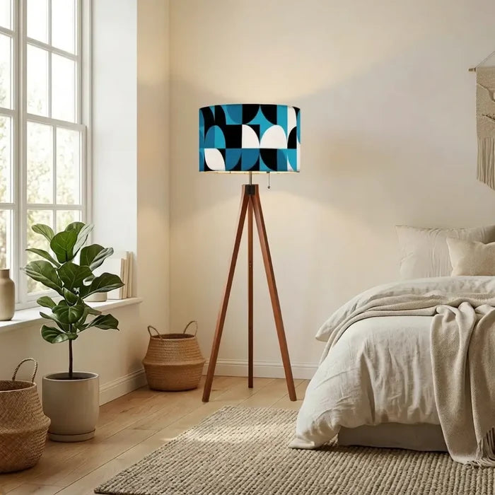 Mid-Century Modern Tripod Floor Lamp: Blue Geometric with LED Remote - retro floor lamps