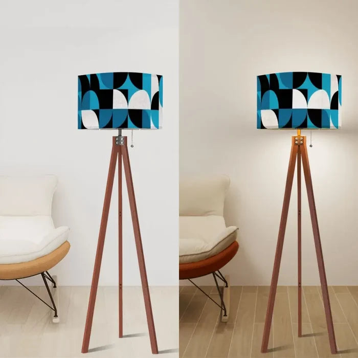 Mid-Century Modern Tripod Floor Lamp: Blue Geometric with LED Remote - retro floor lamps