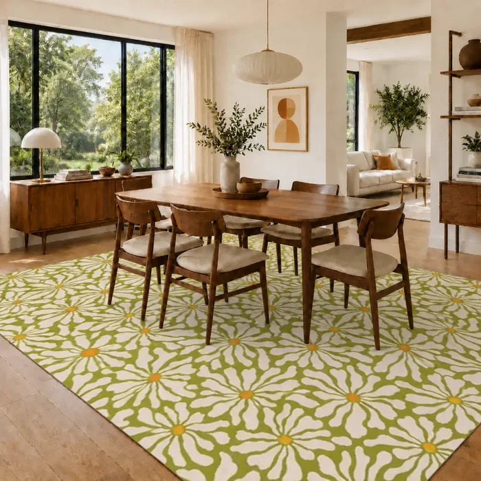 Midcentury 70s Retro Daisies Rug 12x9 ft – Large Floral Non-Slip Room Carpet - retro rug