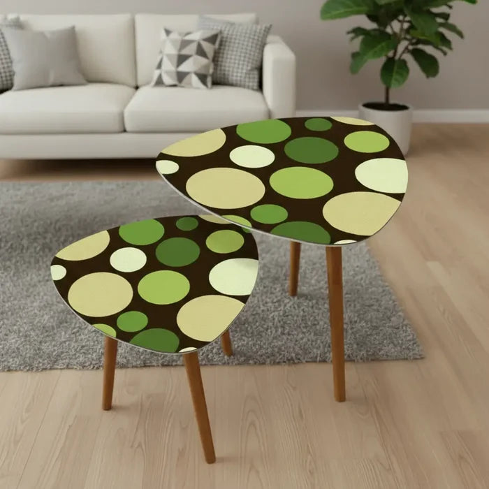 Midcentury 70s Triangle Nesting Coffee Table Set - Green Polka Dot Accent - One Size - retro nesting tables