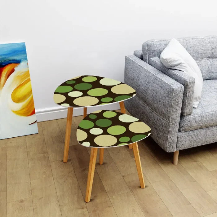 Midcentury 70s Triangle Nesting Coffee Table Set - Green Polka Dot Accent - One Size - retro nesting tables