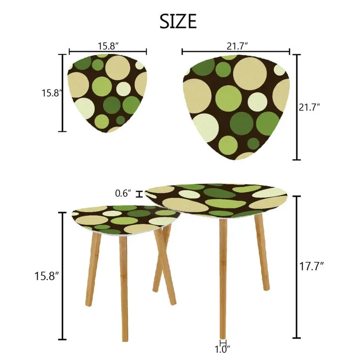 Midcentury 70s Triangle Nesting Coffee Table Set - Green Polka Dot Accent - One Size - retro nesting tables
