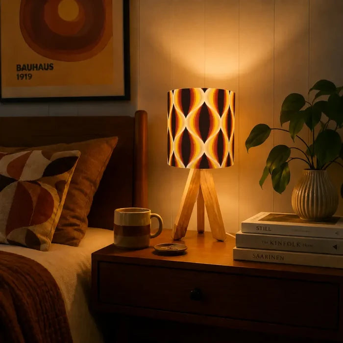 Midcentury Modern Table Lamp – Wood Tripod Base Linen Shade - retro table lamps