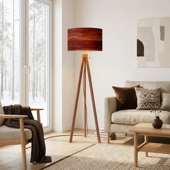Midcentury Modern Tripod Floor Lamp: Rustic Wood Grain Reddish Brown - retro floor lamps