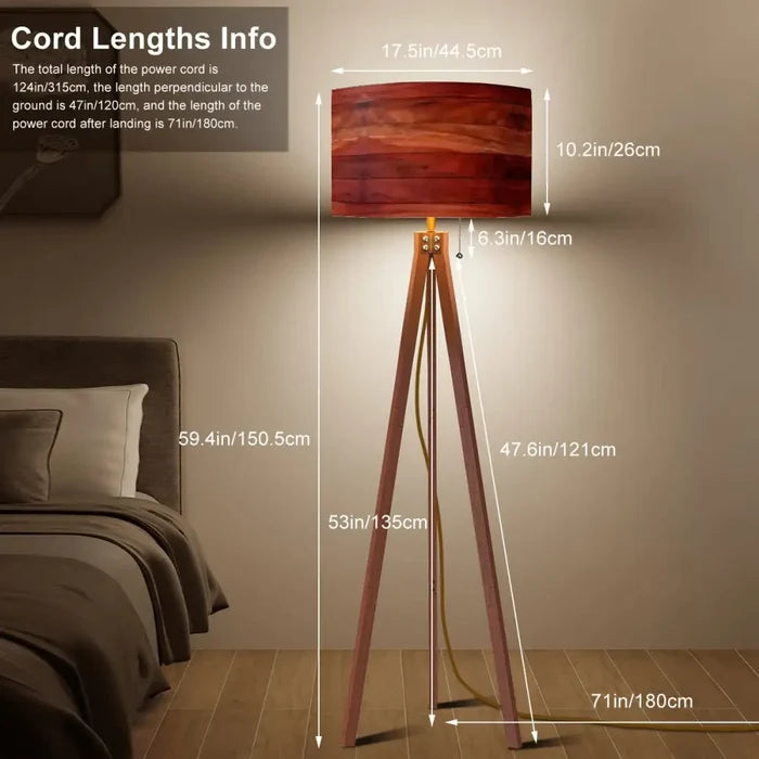 Midcentury Modern Tripod Floor Lamp: Rustic Wood Grain Reddish Brown - retro floor lamps