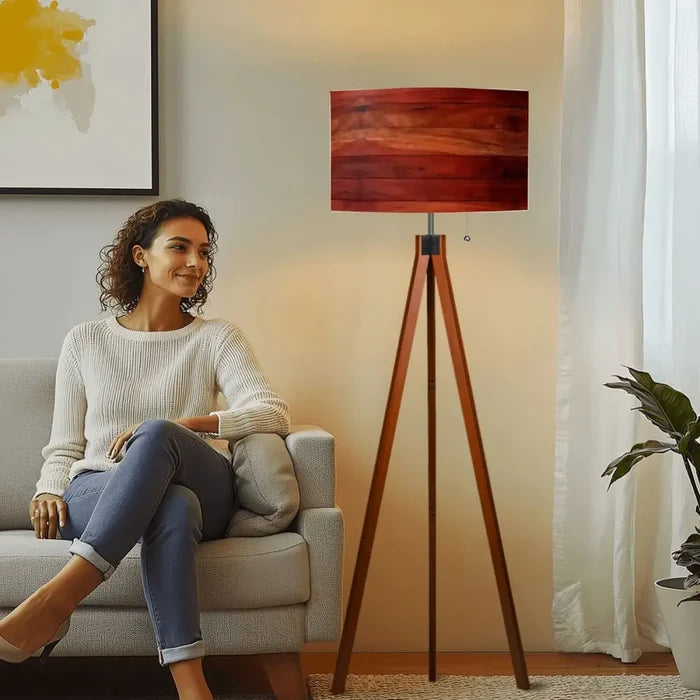 Midcentury Modern Tripod Floor Lamp: Rustic Wood Grain Reddish Brown - retro floor lamps