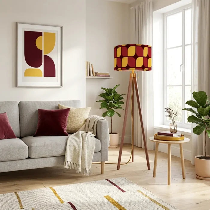 Midcentury Tripod Floor Lamp – Retro 1970s Print Shade orange red yellow - retro floor lamps