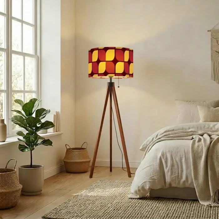 Midcentury Tripod Floor Lamp – Retro 1970s Print Shade orange red yellow - retro floor lamps