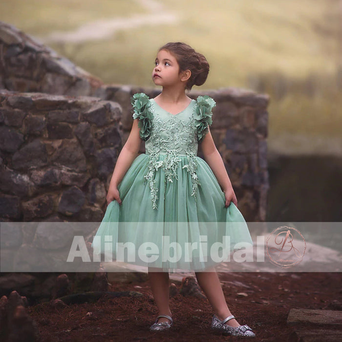 Mint Green  Appliques Tulle Pretty Sleeveless Short Flower Girl Dresses  , FGS075