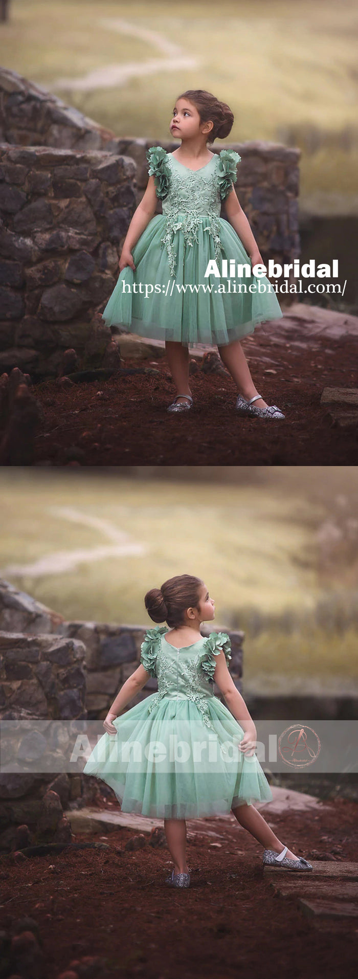 Mint Green  Appliques Tulle Pretty Sleeveless Short Flower Girl Dresses  , FGS075