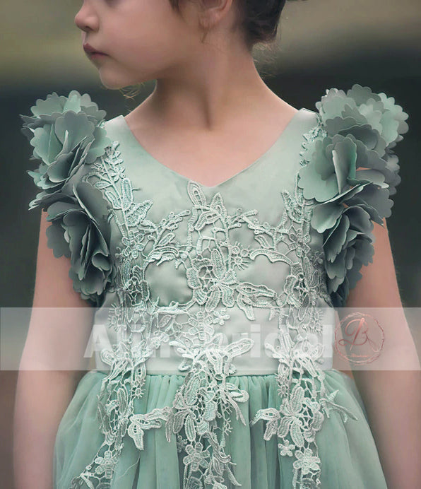 Mint Green  Appliques Tulle Pretty Sleeveless Short Flower Girl Dresses  , FGS075