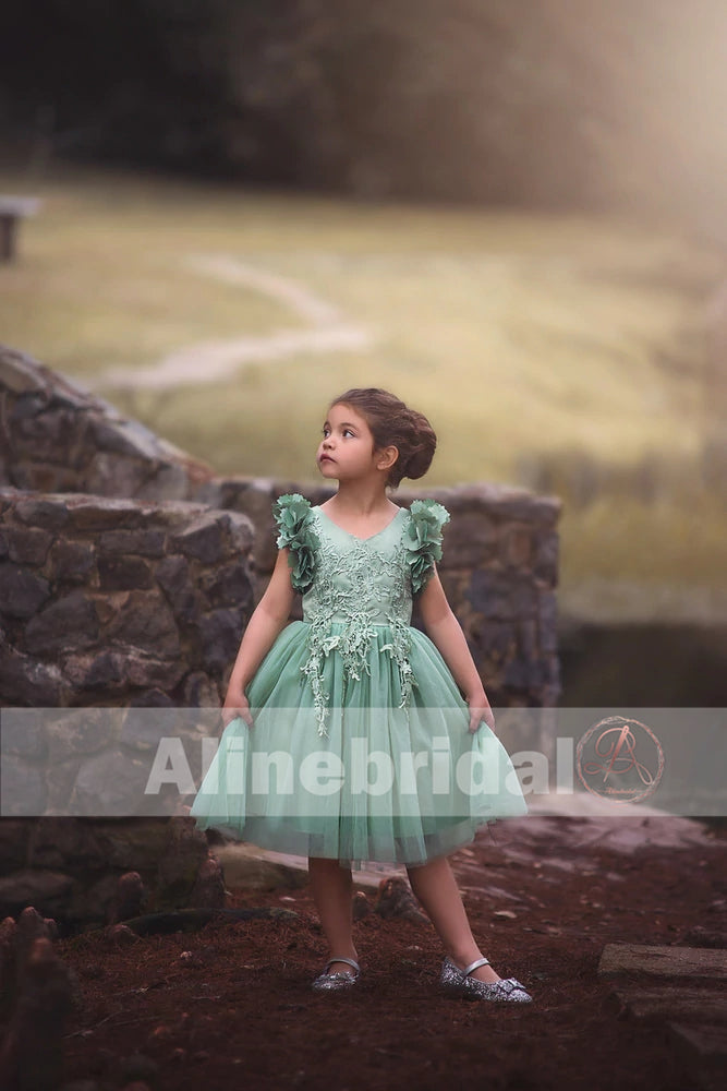 Mint Green  Appliques Tulle Pretty Sleeveless Short Flower Girl Dresses  , FGS075