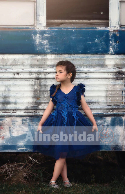 Navy Blue Appliques Tulle Pretty Sleeveless Short Flower Girl Dresses, FGS077