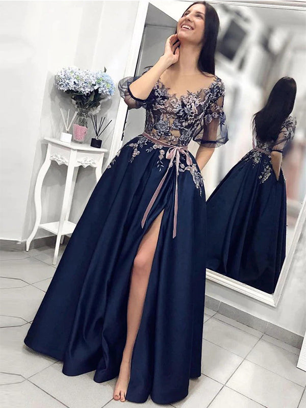 Navy Blue Floral Half-sleeves A-line Long Evening Dress with Slit, PD3310